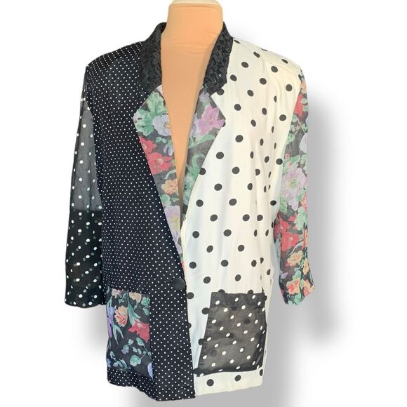 Vintage 90s Black Oversized Blazer Jacket Patchwork Polka Dot Floral Lace Collar - Picture 1 of 9